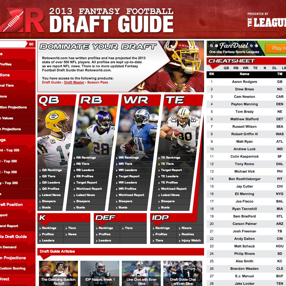 Rotoworld 2013 Fantasy Football Draft Guide page with QB, RB, WR and TE columns