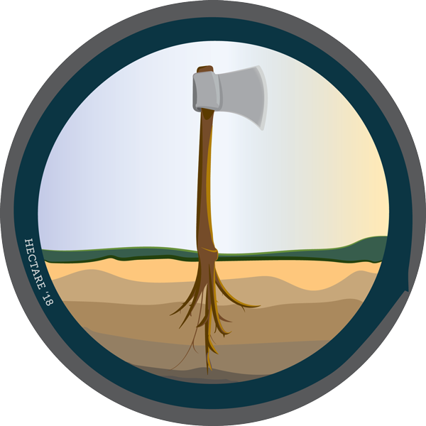 Logo Design: Axe Root, a circular illustration with an axe standing up connected to the ground and the handle growing into the ground with a dissected view of the ground showing a root system.