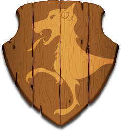 Logo Design: An illustrated wooden shield with the medieval age inspired wolf emblem in the shield.