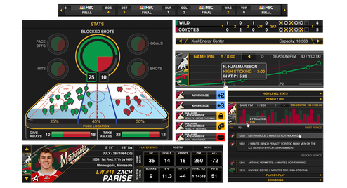 High-fidelity NHL companion design modules including rink heat map, gauges, player card, and penalty log