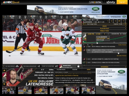 Live Extra NHL companion UI with video, stats sidepanel, timeline, player card, and sponsor units