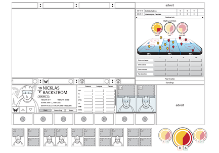 Grayscale NHL companion wireframe showing video pane, stats sidebar, player card, and highlight row